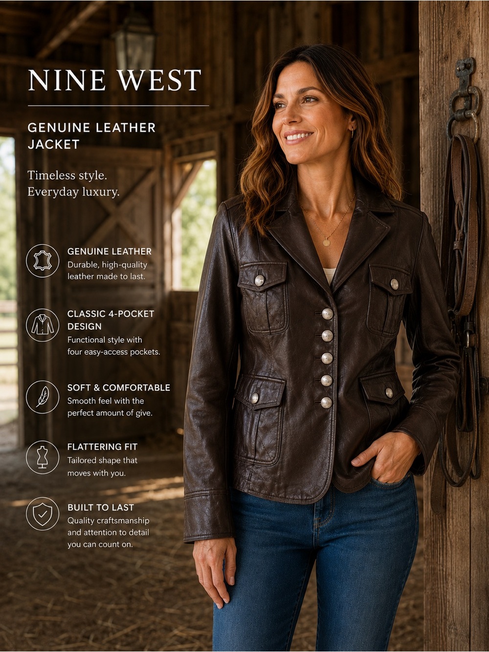 Nine West Leather Jacket Chocolate Brown Button Front Y2K Moto Military Style M
